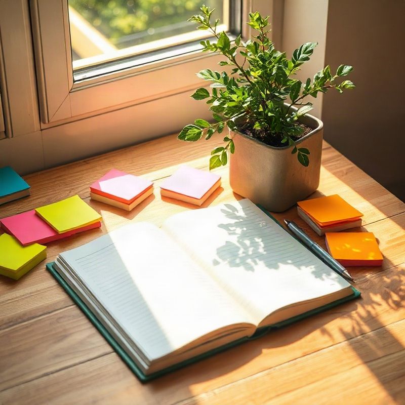 Cuaderno abierto rodeado de notas adhesivas coloridas y una planta verde sobre un escritorio brillante