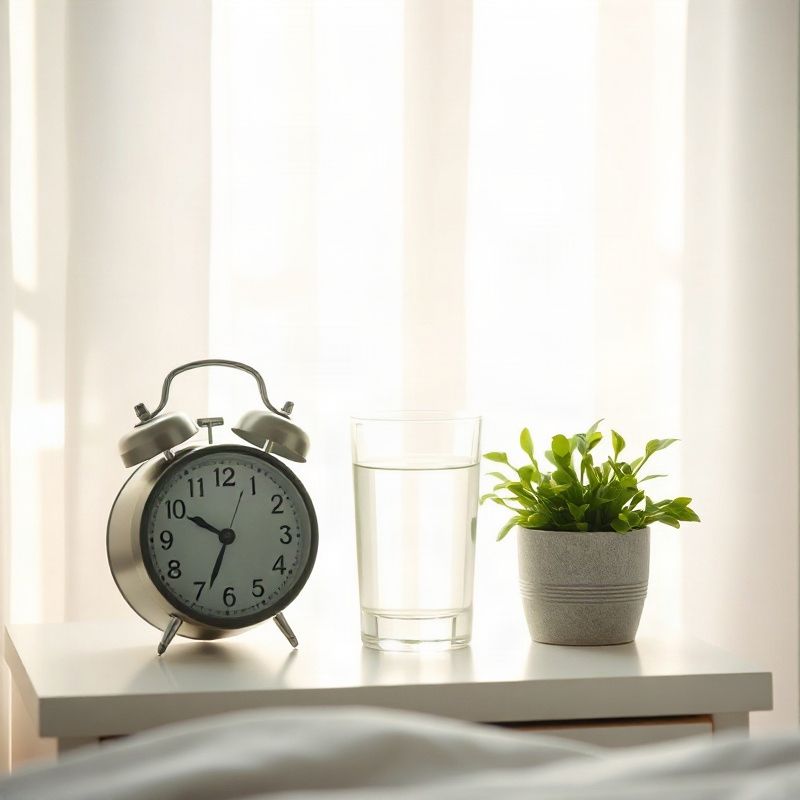 Escena de rutina matutina: reloj despertador, vaso de agua y planta verde en una mesita bañada por la luz temprana
