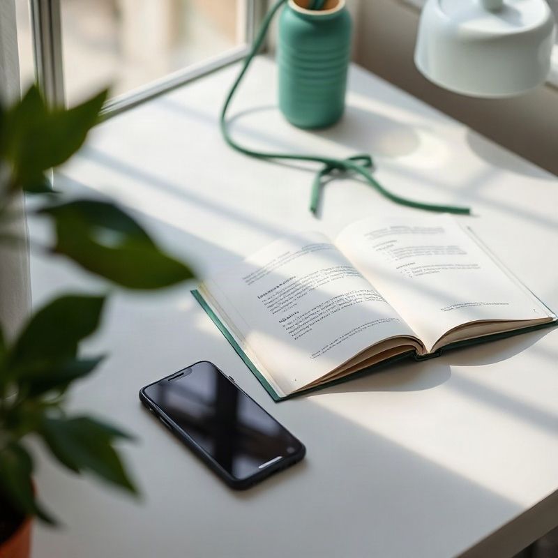 Escritorio minimalista con smartphone, cuaderno abierto y portalápices de cerámica verde bajo luz suave